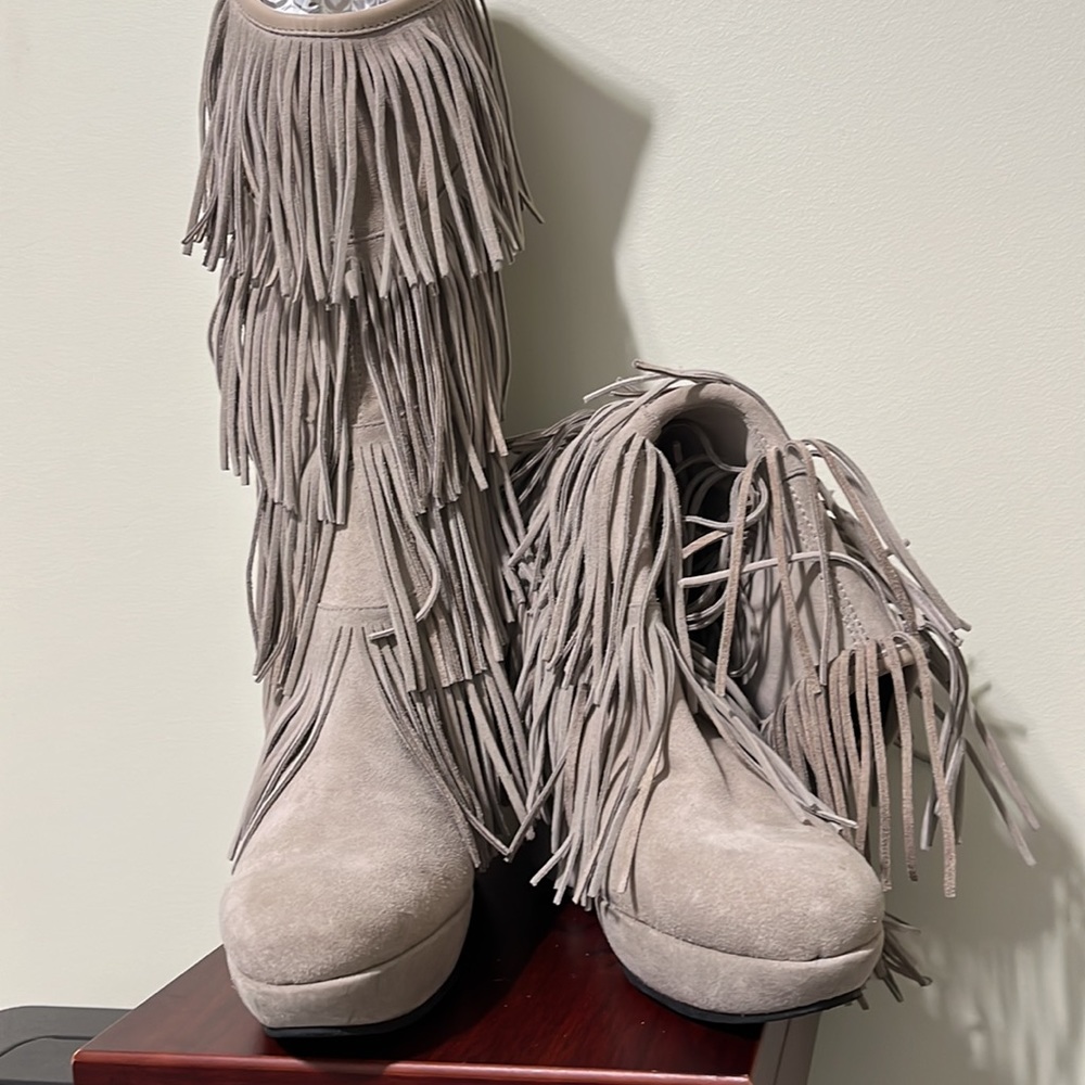 Kelton Suede leather beige fringe tall boots size 37 Made in Italy - Picture 13 of 14